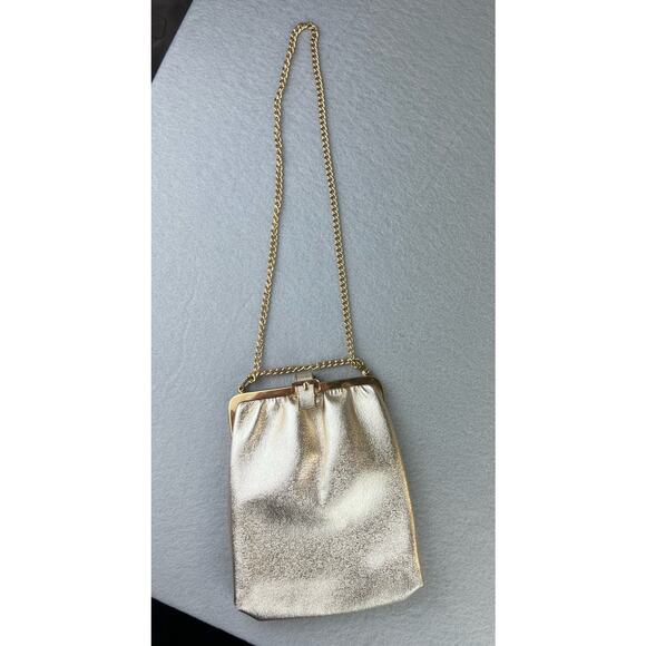 Vintage Shiny Gold Metallic Clutch Evening Bag Buckle Detail Gold Chain Strap - Picture 4 of 11